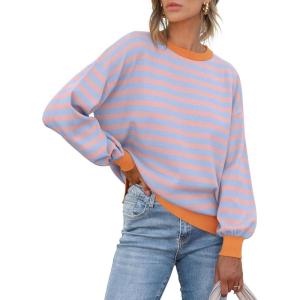 ANRABESS Women Oversized Striped Sweaters Long Sleeve Crewneck Casual Side Slit Pullover Tops 2025 Fall Winter Trendy Outfits(Blue Orange)