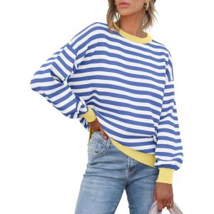 ANRABESS Women Oversized Striped Sweaters Long Sleeve Crewneck Casual Side Slit Pullover Tops 2025 Fall Winter Trendy Outfits(Blue White)