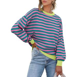 ANRABESS Women Oversized Striped Sweaters Long Sleeve Crewneck Casual Side Slit Pullover Tops 2025 Fall Winter Trendy Outfits(Green Pink)