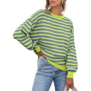 ANRABESS Women Oversized Striped Sweaters Long Sleeve Crewneck Casual Side Slit Pullover Tops 2025 Fall Winter Trendy Outfits(Grey Bright Green)