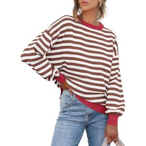 ANRABESS Women Oversized Striped Sweaters Long Sleeve Crewneck Casual Side Slit Pullover Tops 2025 Fall Winter Trendy Outfits(Red White)