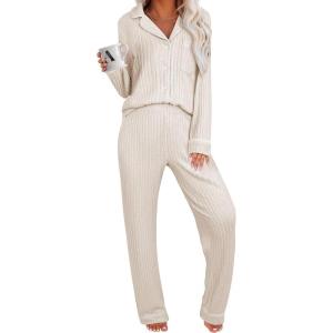ANRABESS Women Pajama Lounge Sets 2025 Fall 2 Piece Outfits Ribbed Long Sleeve Matching PJ Set Sleepwear Loungewear(Beige)