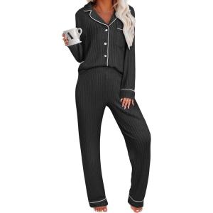ANRABESS Women Pajama Lounge Sets 2025 Fall 2 Piece Outfits Ribbed Long Sleeve Matching PJ Set Sleepwear Loungewear(Black)
