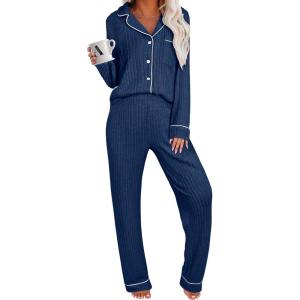 ANRABESS Women Pajama Lounge Sets 2025 Fall 2 Piece Outfits Ribbed Long Sleeve Matching PJ Set Sleepwear Loungewear(Deep Blue)