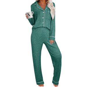 ANRABESS Women Pajama Lounge Sets 2025 Fall 2 Piece Outfits Ribbed Long Sleeve Matching PJ Set Sleepwear Loungewear(Deep Green)