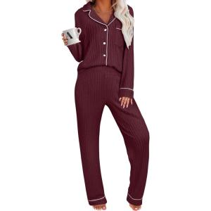 ANRABESS Women Pajama Lounge Sets 2025 Fall 2 Piece Outfits Ribbed Long Sleeve Matching PJ Set Sleepwear Loungewear(Deep Red)