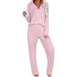 ANRABESS Women Pajama Lounge Sets 2025 Fall 2 Piece Outfits Ribbed Long Sleeve Matching PJ Set Sleepwear Loungewear(Pink)