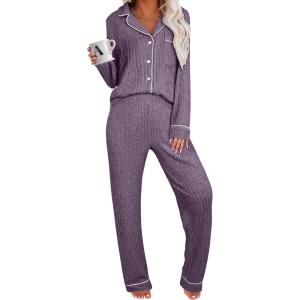 ANRABESS Women Pajama Lounge Sets 2025 Fall 2 Piece Outfits Ribbed Long Sleeve Matching PJ Set Sleepwear Loungewear(Purple)