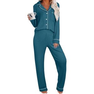 ANRABESS Women Pajama Lounge Sets 2025 Fall 2 Piece Outfits Ribbed Long Sleeve Matching PJ Set Sleepwear Loungewear(Teal)