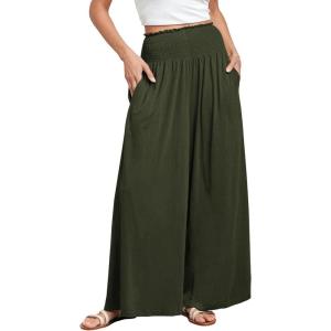 ANRABESS Women Palazzo Pants Summer Boho Bagyy Wide Leg High Smocked Waist Casual Loose Lounge Pant with Pocket(Army Green)