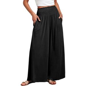 ANRABESS Women Palazzo Pants Summer Boho Bagyy Wide Leg High Smocked Waist Casual Loose Lounge Pant with Pocket(Black)