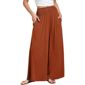 ANRABESS Women Palazzo Pants Summer Boho Bagyy Wide Leg High Smocked Waist Casual Loose Lounge Pant with Pocket(Brick Red)