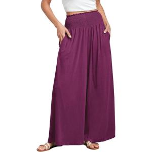 ANRABESS Women Palazzo Pants Summer Boho Bagyy Wide Leg High Smocked Waist Casual Loose Lounge Pant with Pocket(Dark Purple)