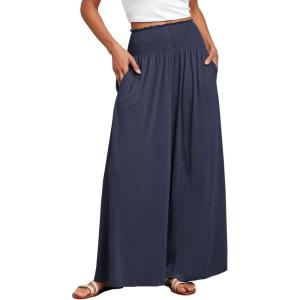 ANRABESS Women Palazzo Pants Summer Boho Bagyy Wide Leg High Smocked Waist Casual Loose Lounge Pant with Pocket(Deep Blue)