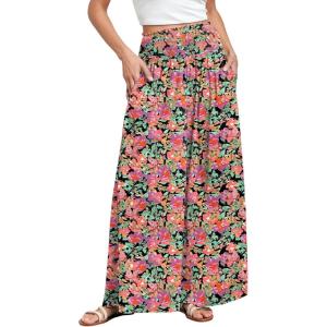 ANRABESS Women Palazzo Pants Summer Boho Bagyy Wide Leg High Smocked Waist Casual Loose Lounge Pant with Pocket(Floral Black Red)