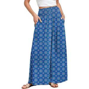 ANRABESS Women Palazzo Pants Summer Boho Bagyy Wide Leg High Smocked Waist Casual Loose Lounge Pant with Pocket(Floral Blue)