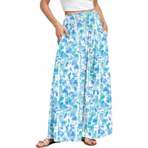 ANRABESS Women Palazzo Pants Summer Boho Bagyy Wide Leg High Smocked Waist Casual Loose Lounge Pant with Pocket(Floral Lake Blue)