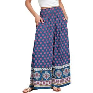ANRABESS Women Palazzo Pants Summer Boho Bagyy Wide Leg High Smocked Waist Casual Loose Lounge Pant with Pocket(Floral Pink Blue)