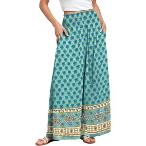 ANRABESS Women Palazzo Pants Summer Boho Bagyy Wide Leg High Smocked Waist Casual Loose Lounge Pant with Pocket(Floral Teal Spades)