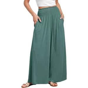 ANRABESS Women Palazzo Pants Summer Boho Bagyy Wide Leg High Smocked Waist Casual Loose Lounge Pant with Pocket(Grass)