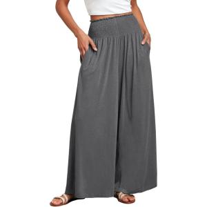 ANRABESS Women Palazzo Pants Summer Boho Bagyy Wide Leg High Smocked Waist Casual Loose Lounge Pant with Pocket(Grey)