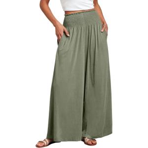 ANRABESS Women Palazzo Pants Summer Boho Bagyy Wide Leg High Smocked Waist Casual Loose Lounge Pant with Pocket(Olive)