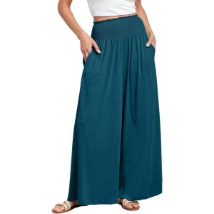 ANRABESS Women Palazzo Pants Summer Boho Bagyy Wide Leg High Smocked Waist Casual Loose Lounge Pant with Pocket(Teal Blue)