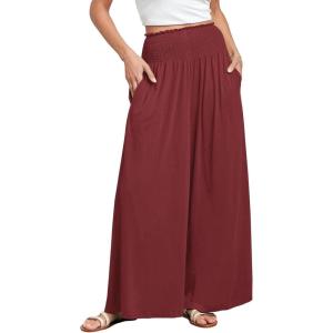ANRABESS Women Palazzo Pants Summer Boho Bagyy Wide Leg High Smocked Waist Casual Loose Lounge Pant with Pocket(Wine Red)