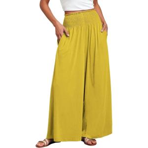 ANRABESS Women Palazzo Pants Summer Boho Bagyy Wide Leg High Smocked Waist Casual Loose Lounge Pant with Pocket(Yellow)