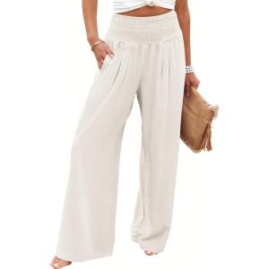 ANRABESS Women Palazzo Pants Summer Flowy Wide Leg High Waist Lounge Trousers with Pockets 2025 Casual Beach Vacation Outfits(Beige)
