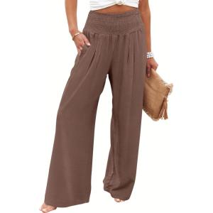 ANRABESS Women Palazzo Pants Summer Flowy Wide Leg High Waist Lounge Trousers with Pockets 2025 Casual Beach Vacation Outfits(Coffee)