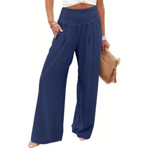 ANRABESS Women Palazzo Pants Summer Flowy Wide Leg High Waist Lounge Trousers with Pockets 2025 Casual Beach Vacation Outfits(Navy Blue)