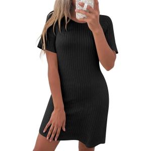ANRABESS Women Short Sleeve Sleep Night Shirts Comfy Nightgowns Ribbed Pajamas House Sweater Dress 2025 Fall Sleepwear(Black)