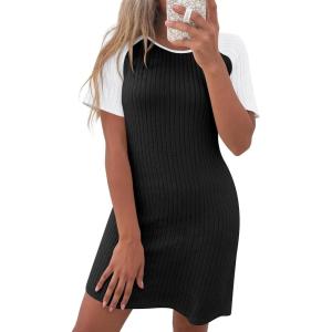 ANRABESS Women Short Sleeve Sleep Night Shirts Comfy Nightgowns Ribbed Pajamas House Sweater Dress 2025 Fall Sleepwear(Black White)