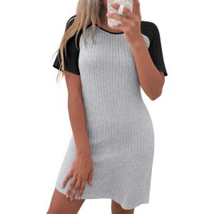 ANRABESS Women Short Sleeve Sleep Night Shirts Comfy Nightgowns Ribbed Pajamas House Sweater Dress 2025 Fall Sleepwear(Grey Black)