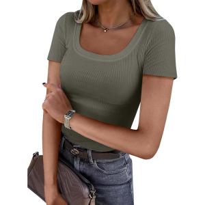 ANRABESS Women Short Sleeve Tops Scoop Neck Ribbed Knit Slim Fitted Basic Tee Shirts Casual Summer Clothes 2025 Fall Outfits(Army Green)