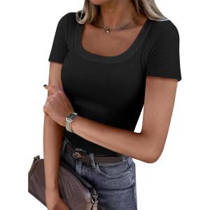 ANRABESS Women Short Sleeve Tops Scoop Neck Ribbed Knit Slim Fitted Basic Tee Shirts Casual Summer Clothes 2025 Fall Outfits(Black)