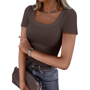 ANRABESS Women Short Sleeve Tops Scoop Neck Ribbed Knit Slim Fitted Basic Tee Shirts Casual Summer Clothes 2025 Fall Outfits(Brown)