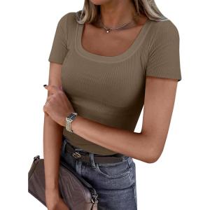 ANRABESS Women Short Sleeve Tops Scoop Neck Ribbed Knit Slim Fitted Basic Tee Shirts Casual Summer Clothes 2025 Fall Outfits(Coffee)