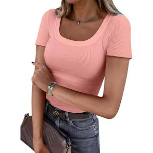 ANRABESS Women Short Sleeve Tops Scoop Neck Ribbed Knit Slim Fitted Basic Tee Shirts Casual Summer Clothes 2025 Fall Outfits(Coral)