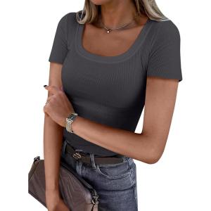 ANRABESS Women Short Sleeve Tops Scoop Neck Ribbed Knit Slim Fitted Basic Tee Shirts Casual Summer Clothes 2025 Fall Outfits(Dark Grey)