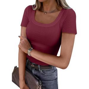 ANRABESS Women Short Sleeve Tops Scoop Neck Ribbed Knit Slim Fitted Basic Tee Shirts Casual Summer Clothes 2025 Fall Outfits(Deep Red)