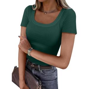 ANRABESS Women Short Sleeve Tops Scoop Neck Ribbed Knit Slim Fitted Basic Tee Shirts Casual Summer Clothes 2025 Fall Outfits(Forest Green)