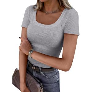 ANRABESS Women Short Sleeve Tops Scoop Neck Ribbed Knit Slim Fitted Basic Tee Shirts Casual Summer Clothes 2025 Fall Outfits(Grey)