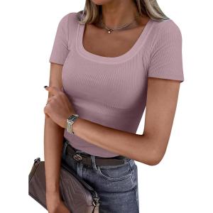 ANRABESS Women Short Sleeve Tops Scoop Neck Ribbed Knit Slim Fitted Basic Tee Shirts Casual Summer Clothes 2025 Fall Outfits(Grey Pink)