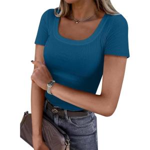 ANRABESS Women Short Sleeve Tops Scoop Neck Ribbed Knit Slim Fitted Basic Tee Shirts Casual Summer Clothes 2025 Fall Outfits(Indigo)