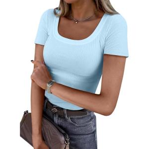 ANRABESS Women Short Sleeve Tops Scoop Neck Ribbed Knit Slim Fitted Basic Tee Shirts Casual Summer Clothes 2025 Fall Outfits(Light Blue-2)