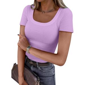 ANRABESS Women Short Sleeve Tops Scoop Neck Ribbed Knit Slim Fitted Basic Tee Shirts Casual Summer Clothes 2025 Fall Outfits(Light Purple)