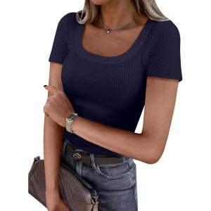 ANRABESS Women Short Sleeve Tops Scoop Neck Ribbed Knit Slim Fitted Basic Tee Shirts Casual Summer Clothes 2025 Fall Outfits(Navy Blue)