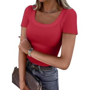 ANRABESS Women Short Sleeve Tops Scoop Neck Ribbed Knit Slim Fitted Basic Tee Shirts Casual Summer Clothes 2025 Fall Outfits(Red)